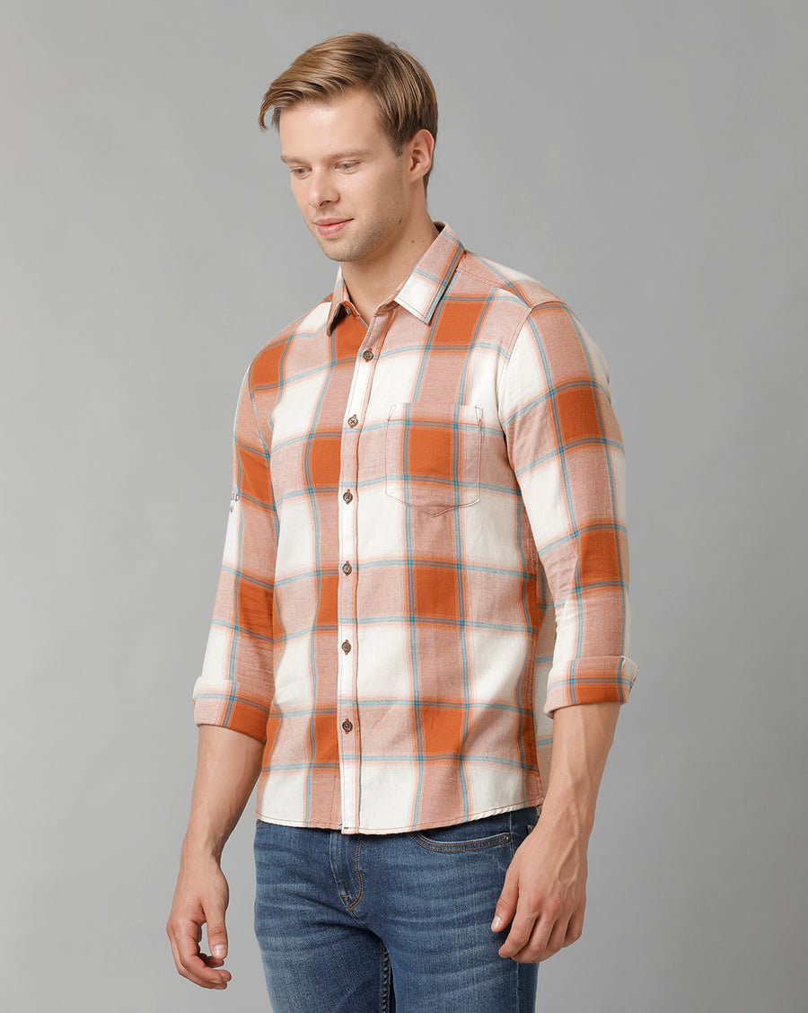 Voi Jeans Mens Off White With Red Checks Slim Fit Shirt