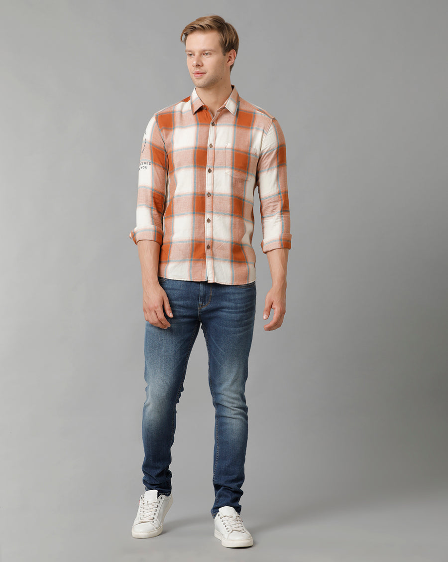 Voi Jeans Mens Off White With Red Checks Slim Fit Shirt