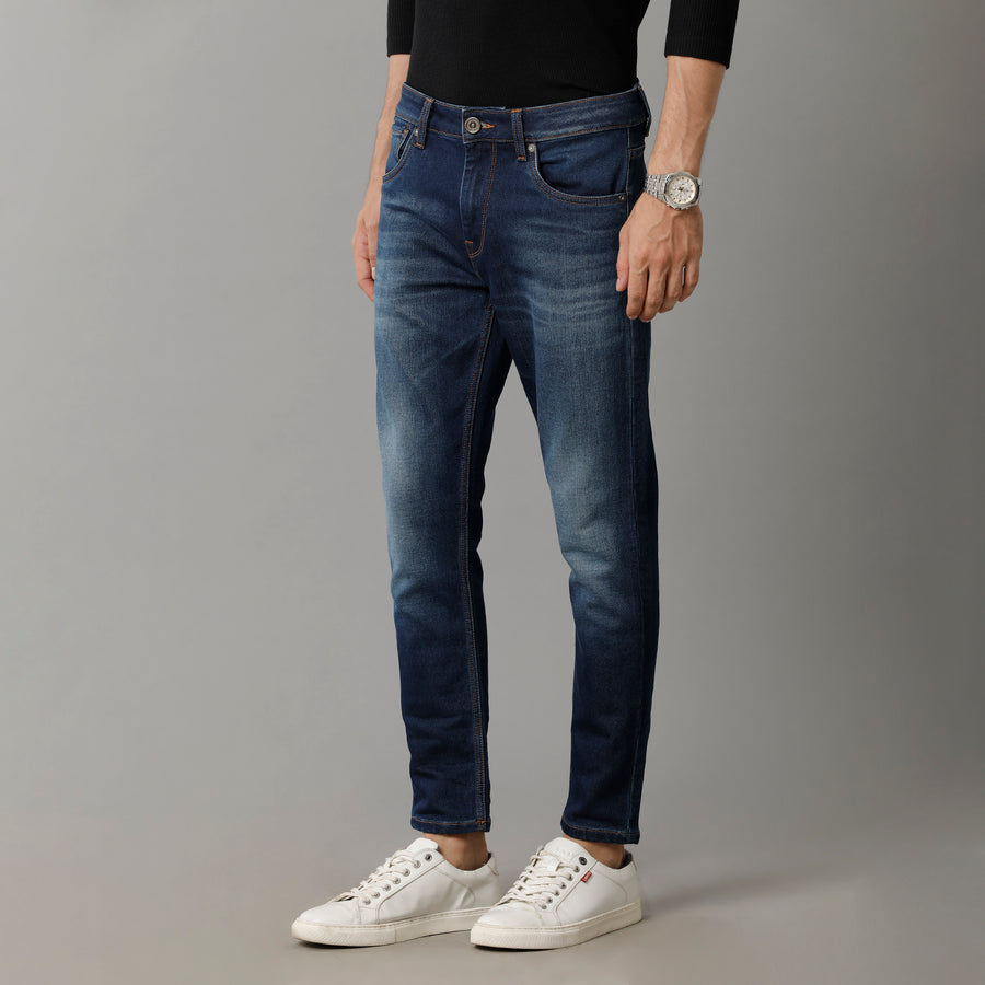 Men Indigo Track Skinny Cropped Fit Jeans