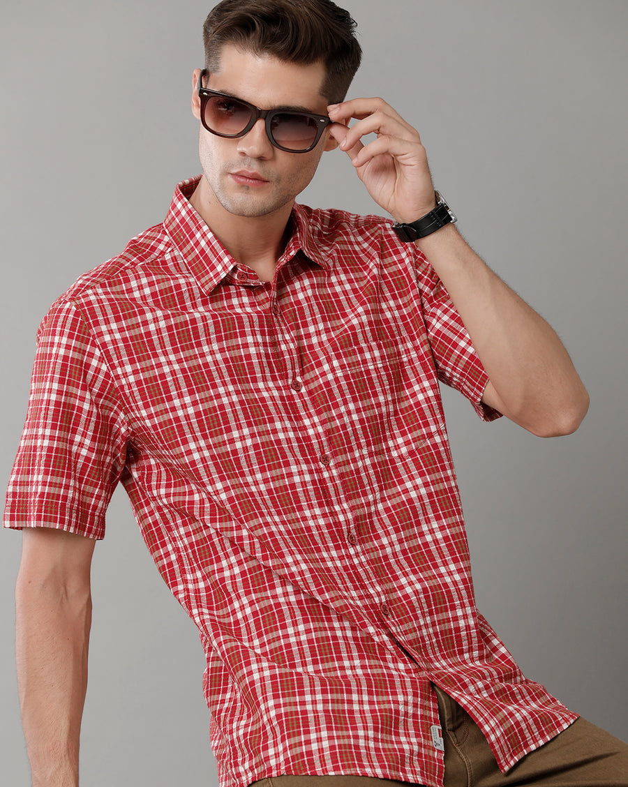 Voi Jeans Mens Red Checks Slim Fit Shirt