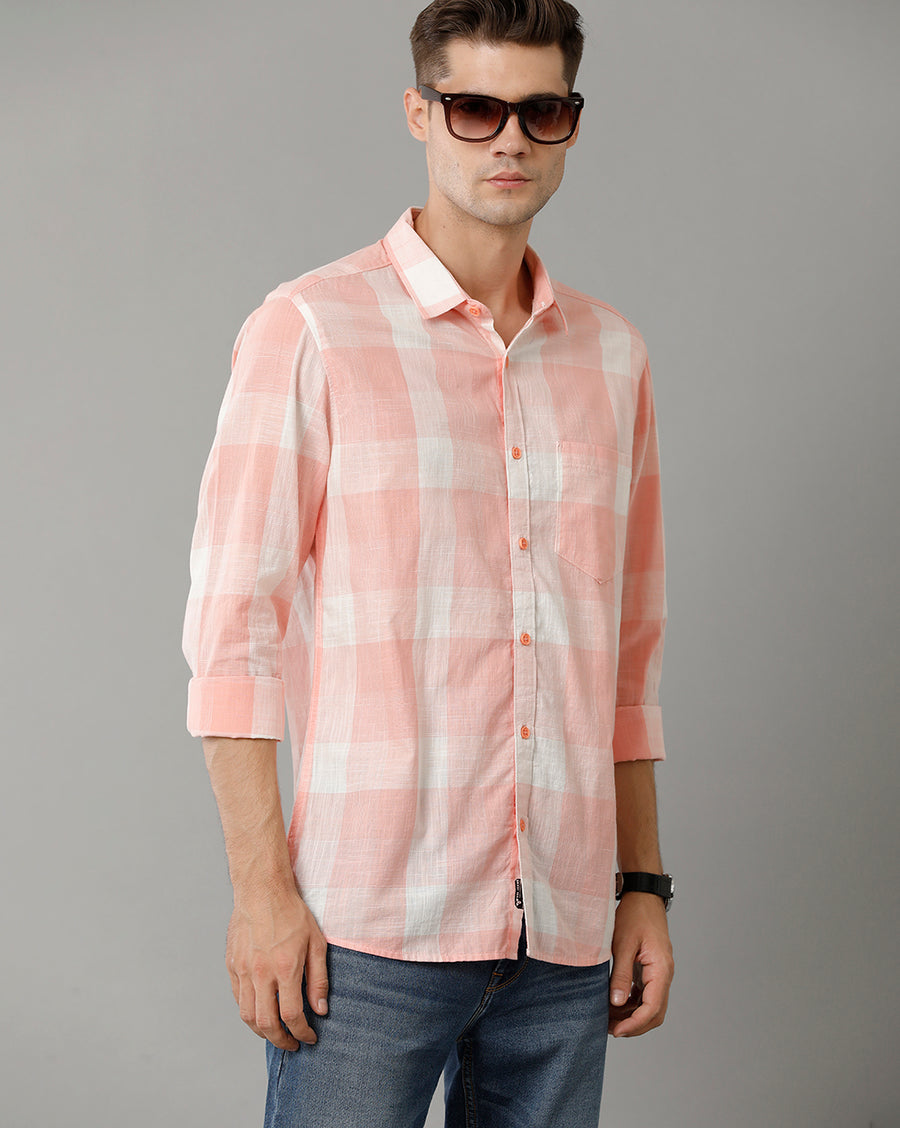 Voi Jeans Mens Pink Checks Slim Fit Shirt