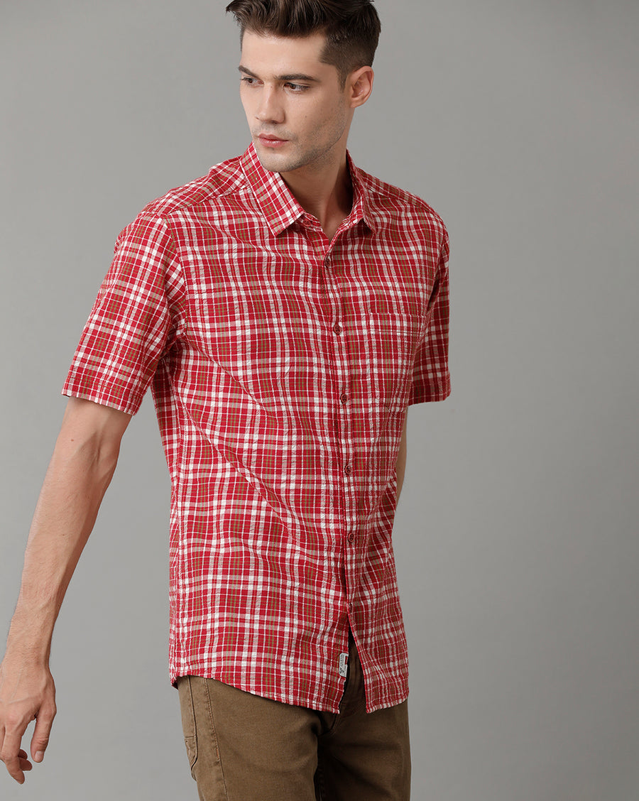 Voi Jeans Mens Red Checks Slim Fit Shirt