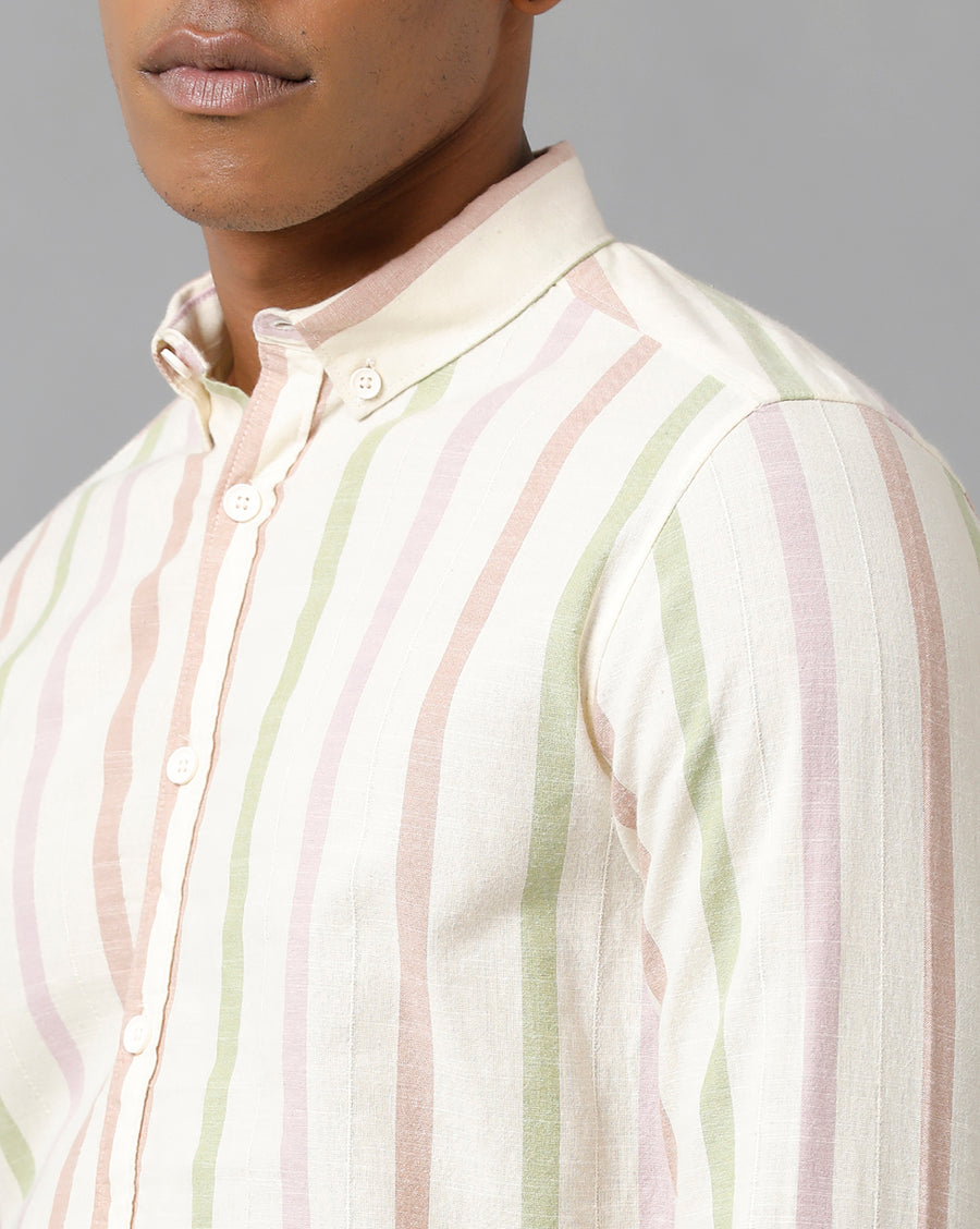 Men's Cream Multi Stripes Slim Fit Shirt