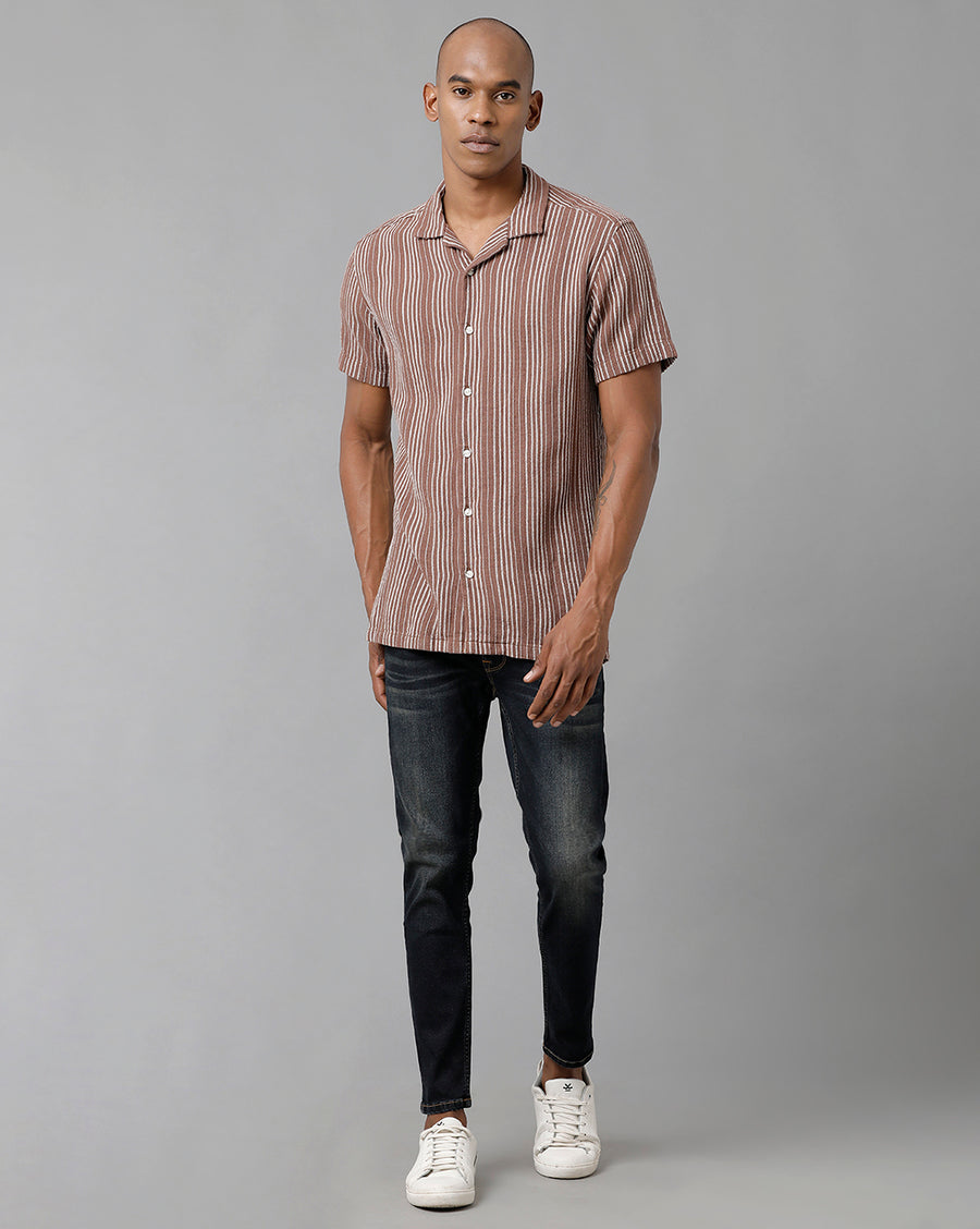 Men's White Brown Stripes Slim Fit Shirt