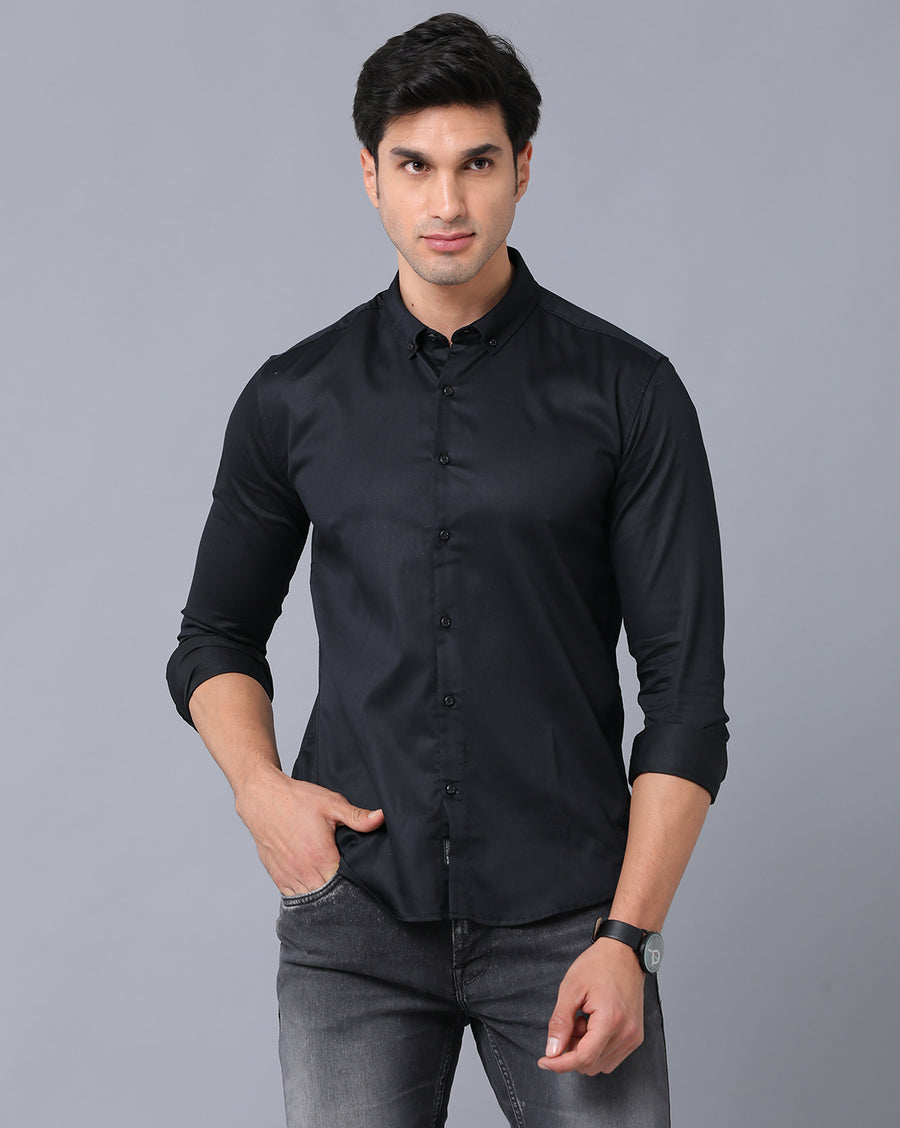 VOI Jeans Men's Solid Black Cotton Slim Fit Spread Collar Casual Shirt
