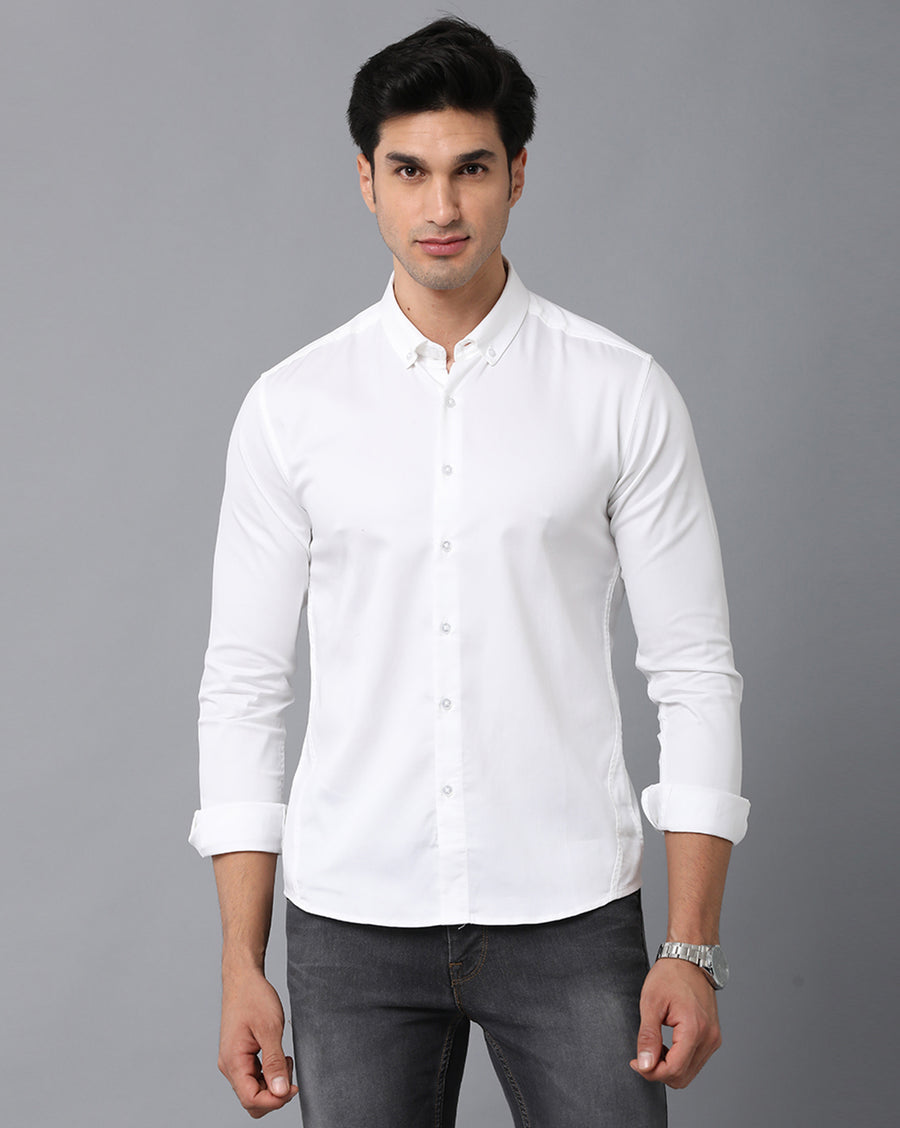 VOI Jeans Men's Solid White Cotton Slim Fit Spread Collar Casual Shirt