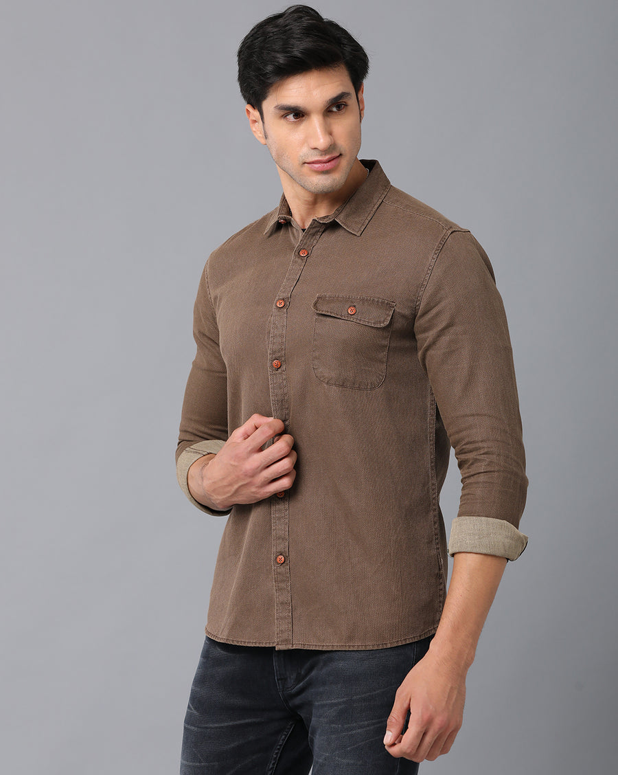 VOI Jeans Men's Solid Brown Cotton Slim Fit Casual Shirt