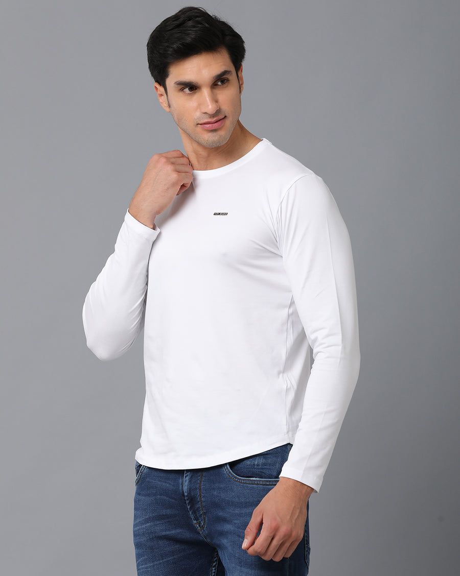 VOI Jeans Men's Plain White Cotton Lycra Single Jersey Round Neck T-Shirt