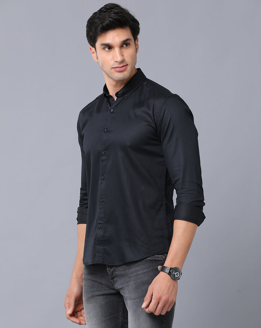 VOI Jeans Men's Solid Black Cotton Slim Fit Spread Collar Casual Shirt