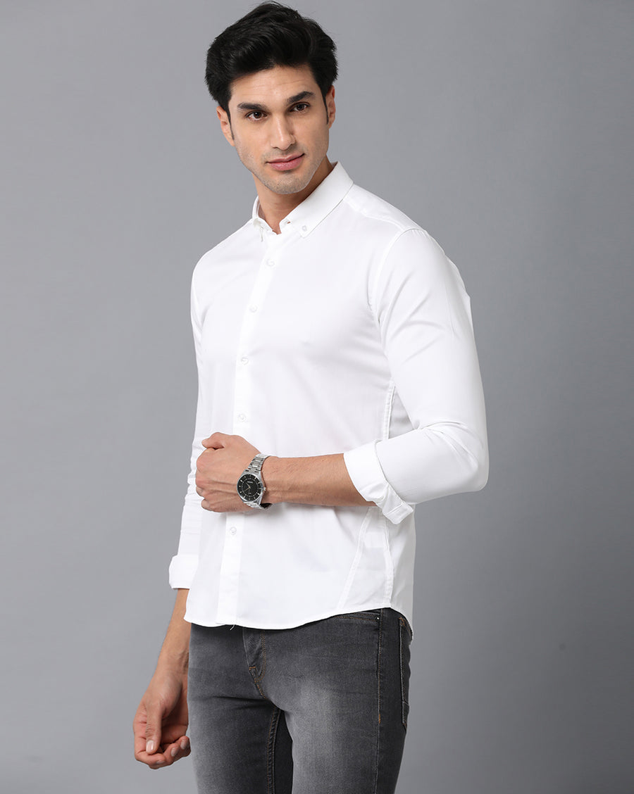 VOI Jeans Men's Solid White Cotton Slim Fit Spread Collar Casual Shirt
