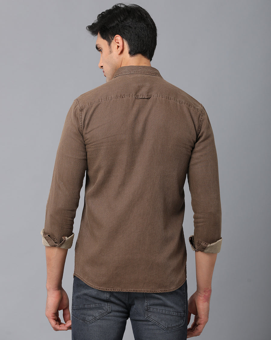 VOI Jeans Men's Solid Brown Cotton Slim Fit Casual Shirt