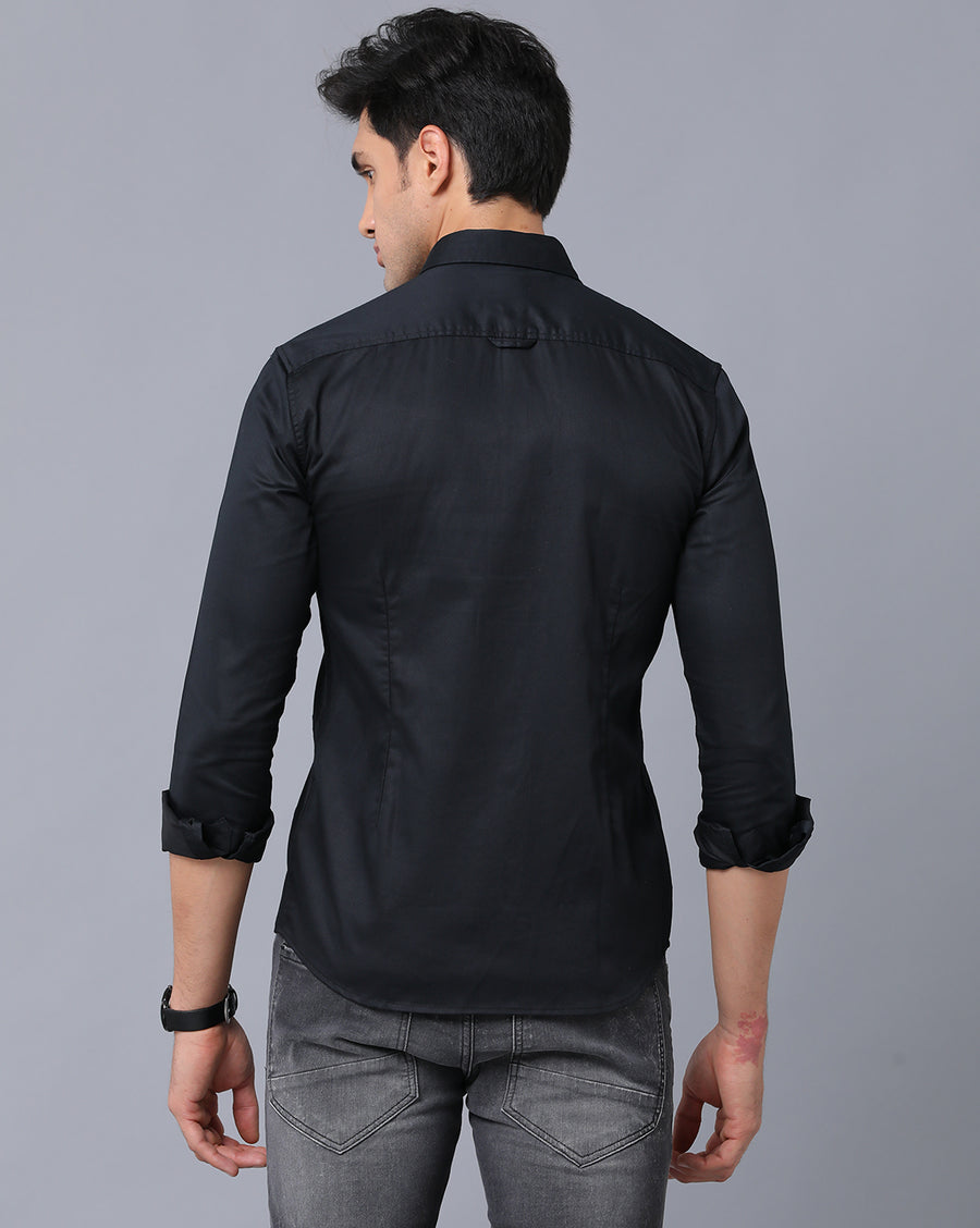 VOI Jeans Men's Solid Black Cotton Slim Fit Spread Collar Casual Shirt