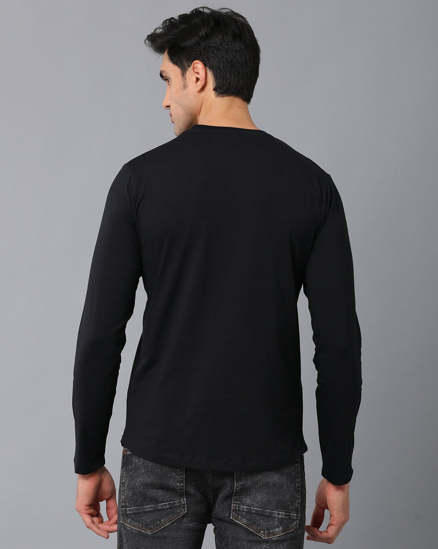 VOI Jeans Men's Plain Black Cotton Lycra Single Jersey Round Neck T-Shirt