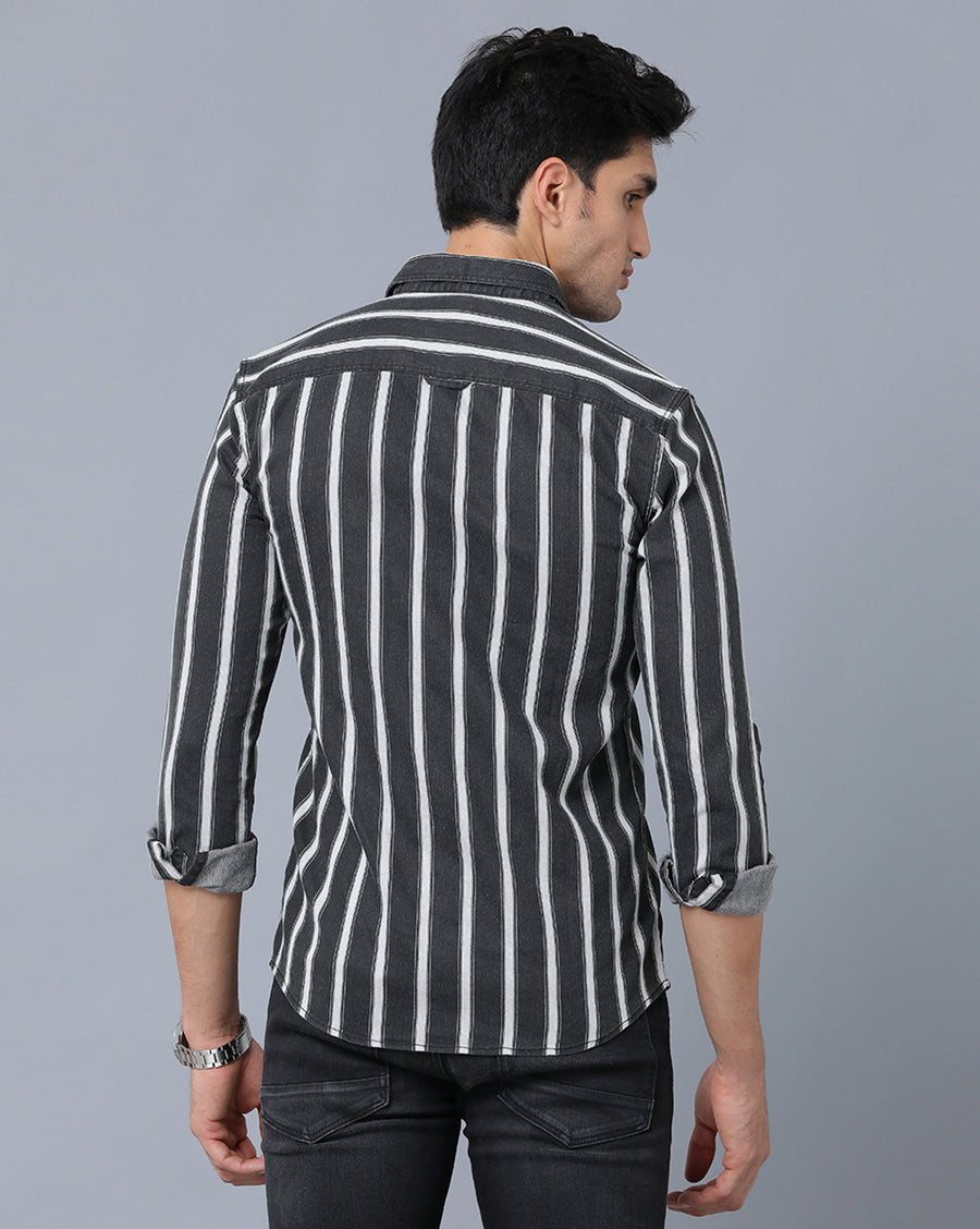 VOI Jeans Men's Black/White Stripes Cotton Blended Slim Fit Shirt