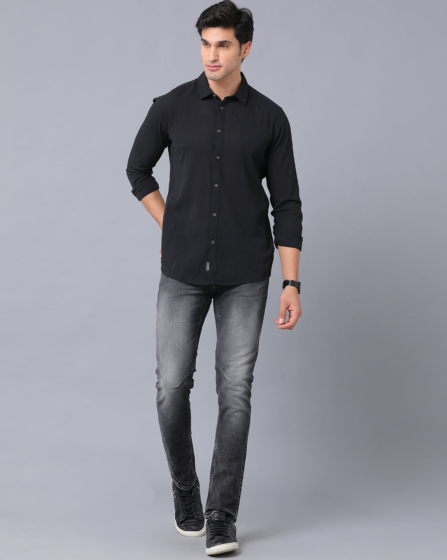 VOI Jeans Men's Solid Black Slim Fit Cotton Casual Shirt