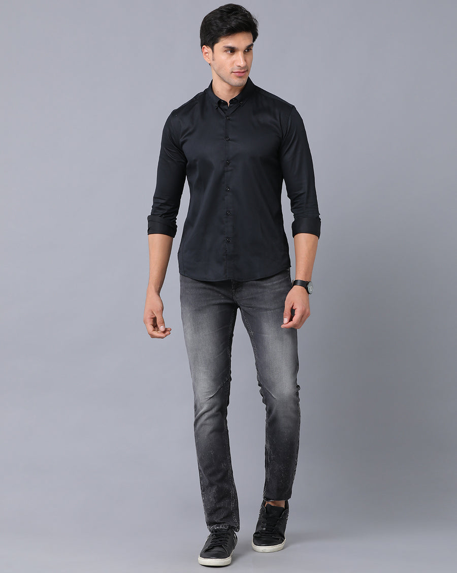 VOI Jeans Men's Solid Black Cotton Slim Fit Spread Collar Casual Shirt