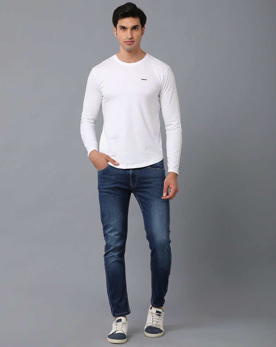 VOI Jeans Men's Plain White Cotton Lycra Single Jersey Round Neck T-Shirt