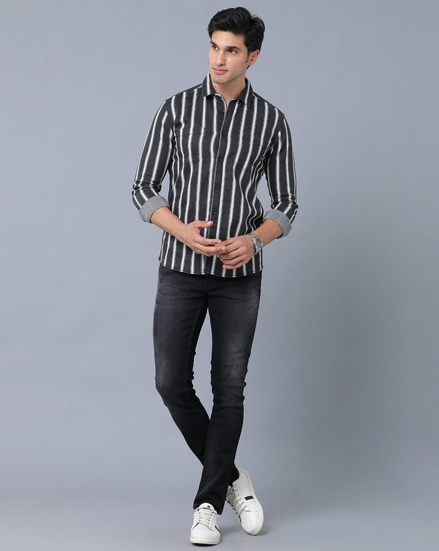 VOI Jeans Men's Black/White Stripes Cotton Blended Slim Fit Shirt