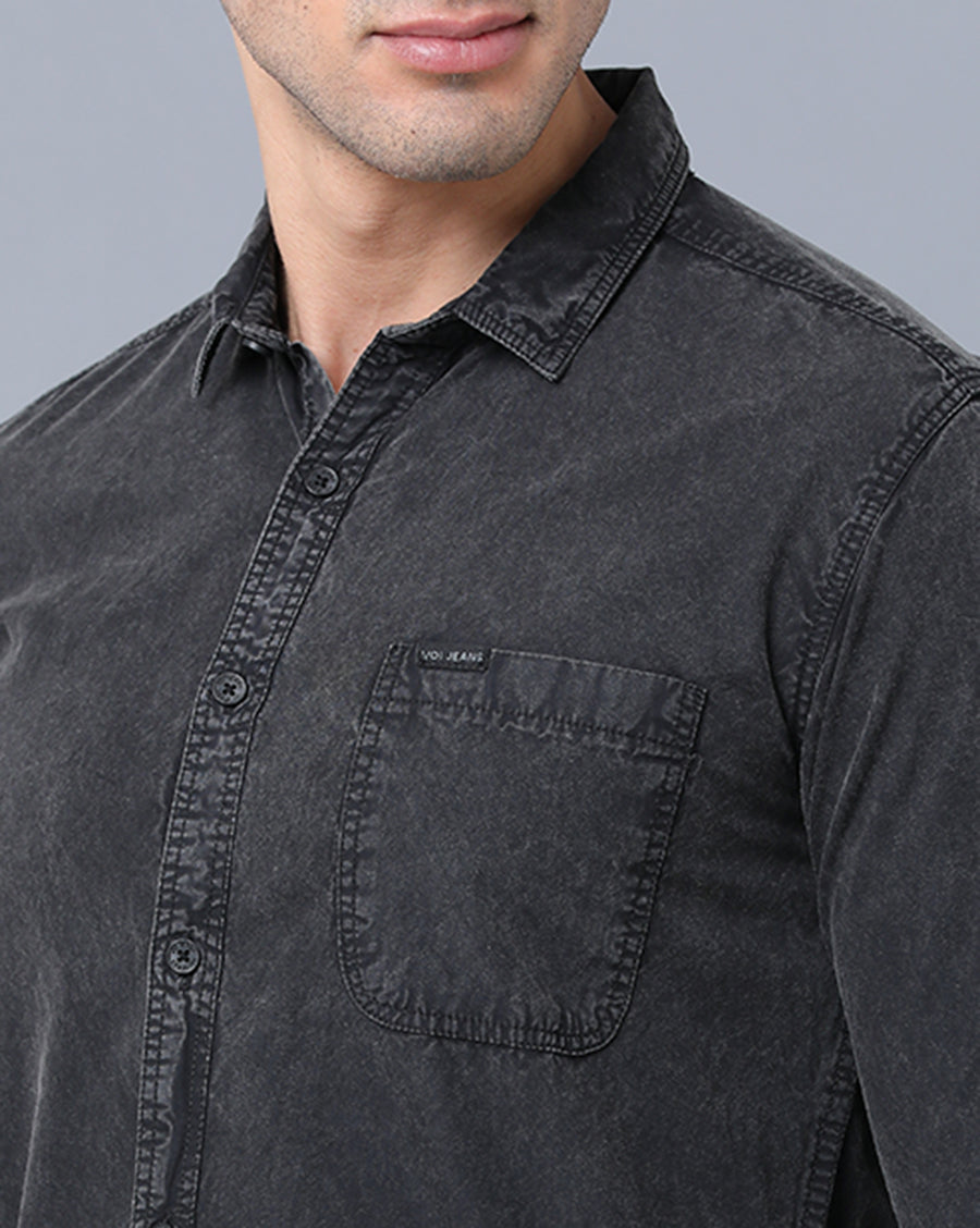 VOI Jeans Men's Solid Black Cotton Slim Fit Casual Shirt