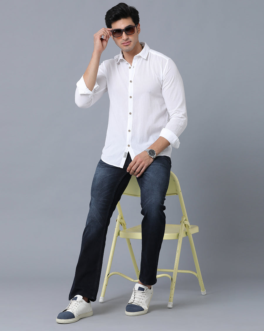 VOI Jeans Men's Solid White Slim Fit Cotton Casual Shirt