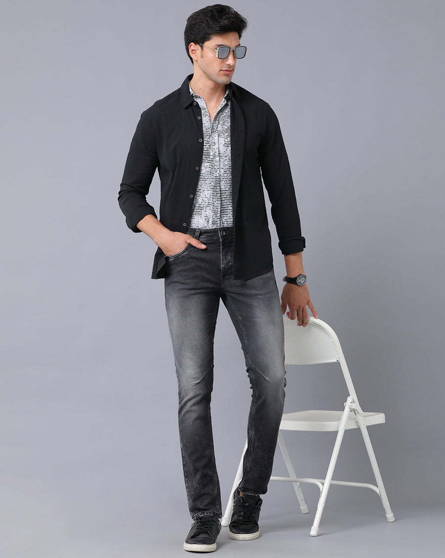 VOI Jeans Men's Solid Black Slim Fit Cotton Casual Shirt
