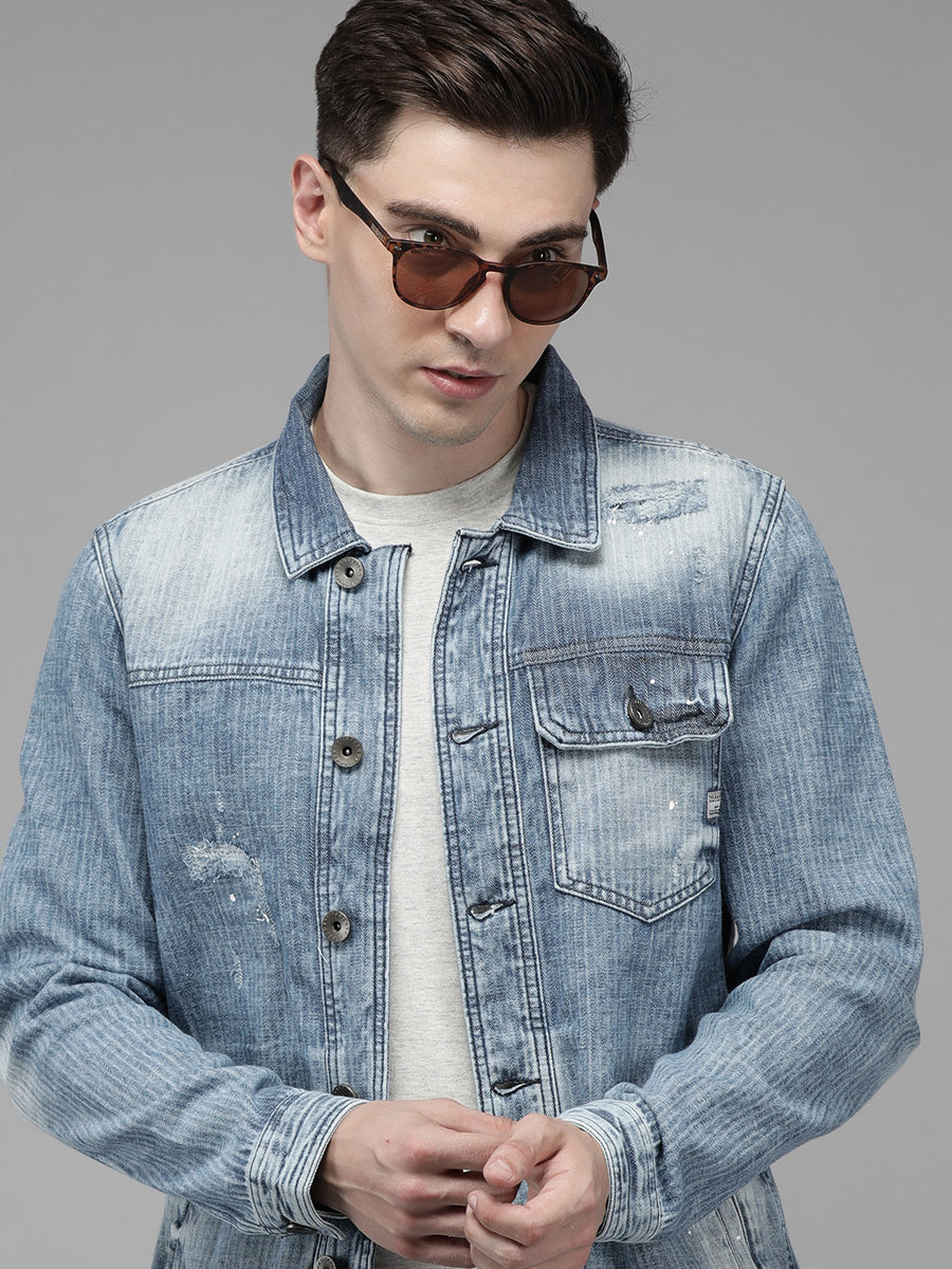 Men Light Blue Solid Denim Jacket