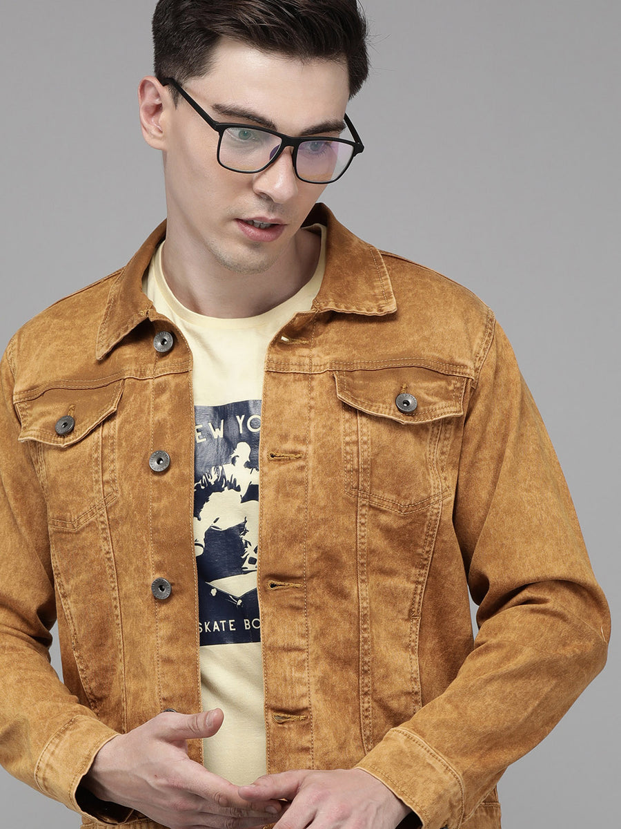 Men's Washed Brown Solid cropped length Denim Jacket