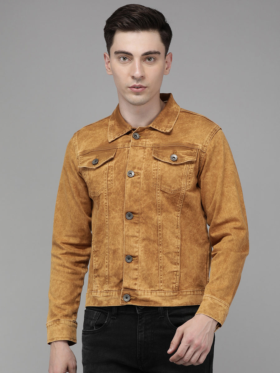 Men's Washed Brown Solid cropped length Denim Jacket