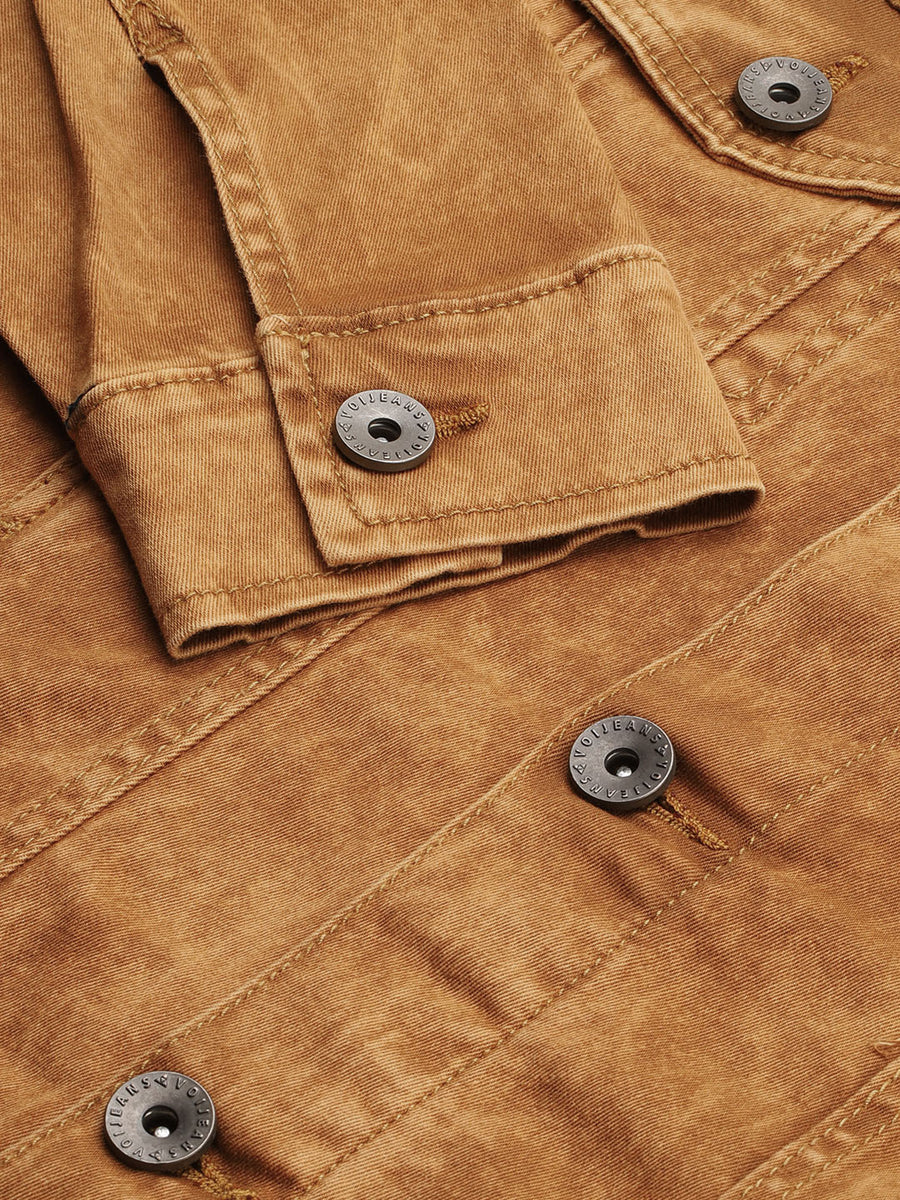 Men's Washed Brown Solid cropped length Denim Jacket