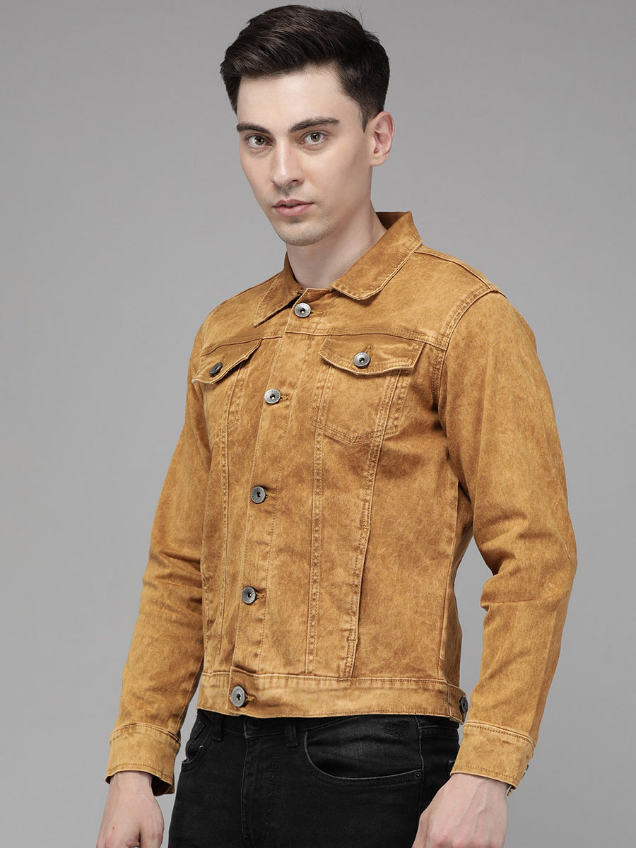 Men's Washed Brown Solid cropped length Denim Jacket