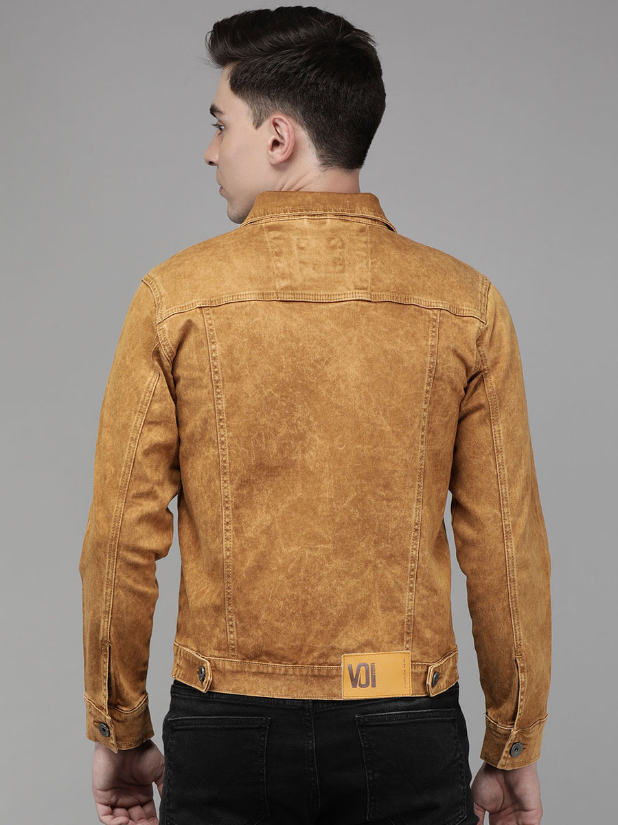 Men's Washed Brown Solid cropped length Denim Jacket