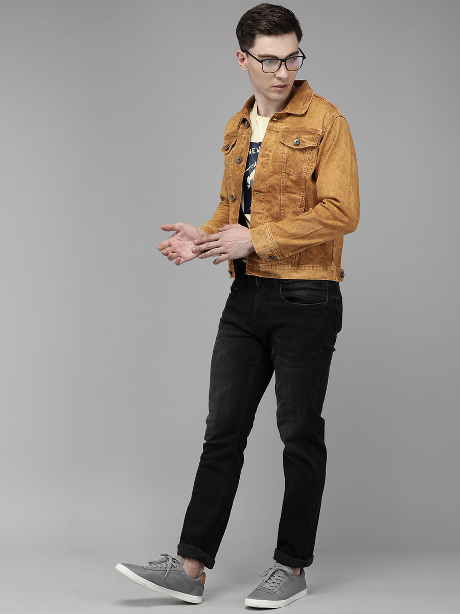 Men's Washed Brown Solid cropped length Denim Jacket