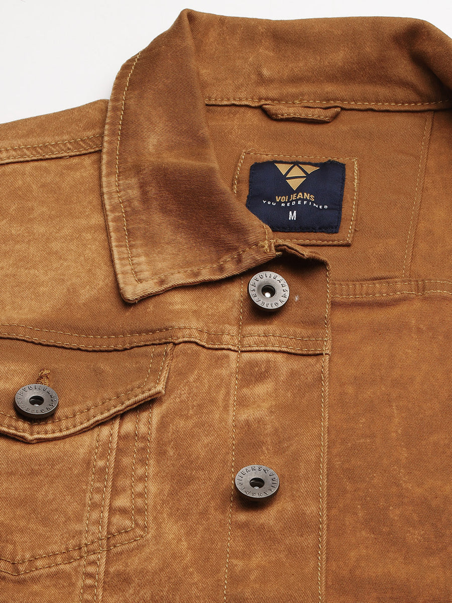 Men's Washed Brown Solid cropped length Denim Jacket