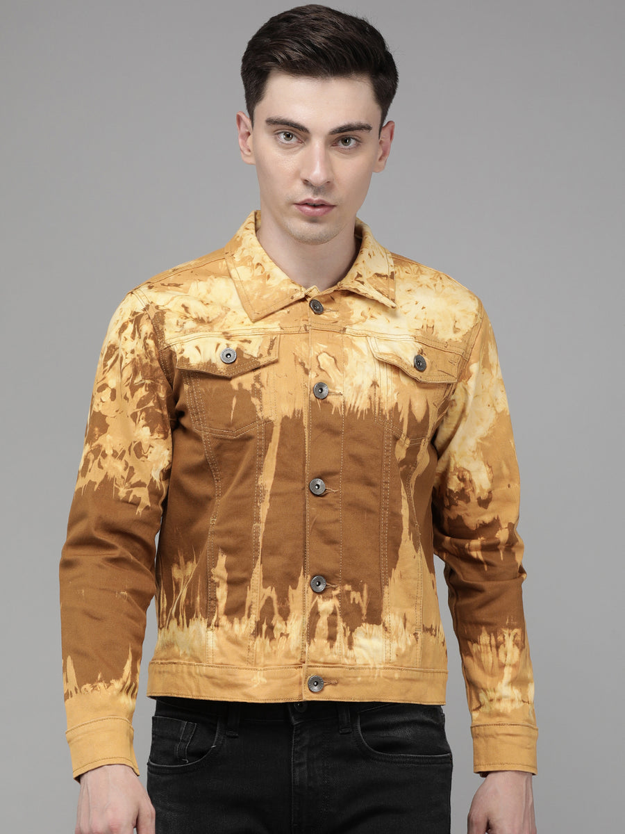 Men's Washed Brown Solid cropped length Denim Jacket