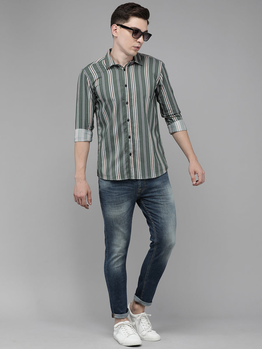 Men Classic Olive  Striped Twill Shirt