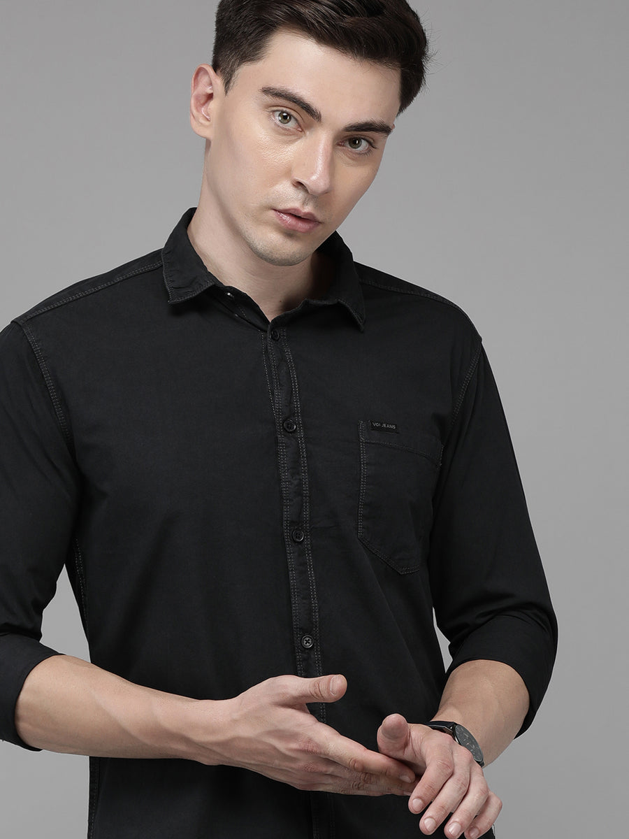 Men Dark Grey Slim Fit Solid Casual Shirt