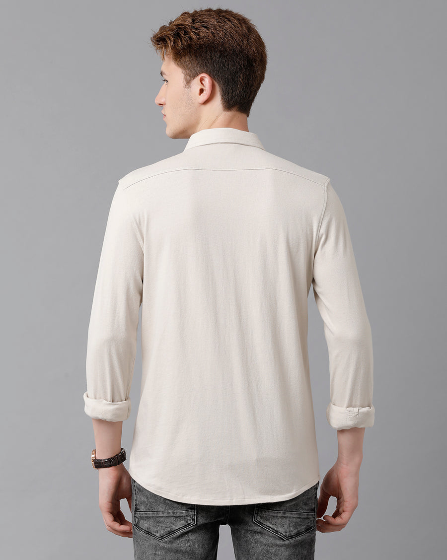 VOI Jeans Men's Solid Beige Cotton Slim Fit Knitt Shirt