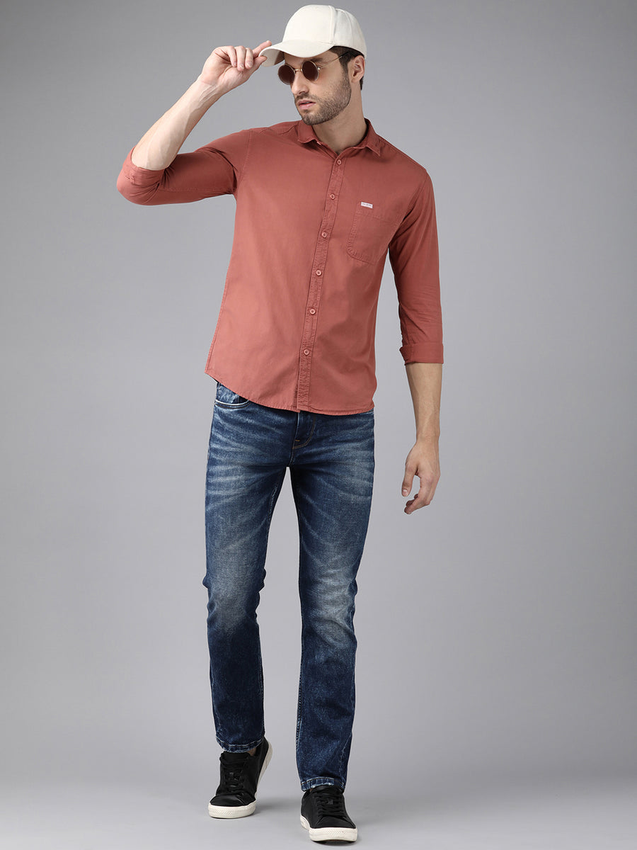 Men's Orange Solid Casual Shirt