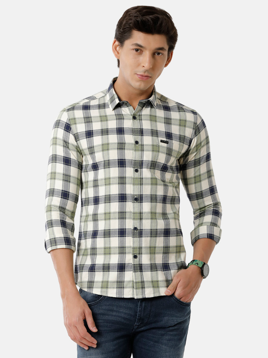 Men Olive Checked Slim Fit Casual Shirt