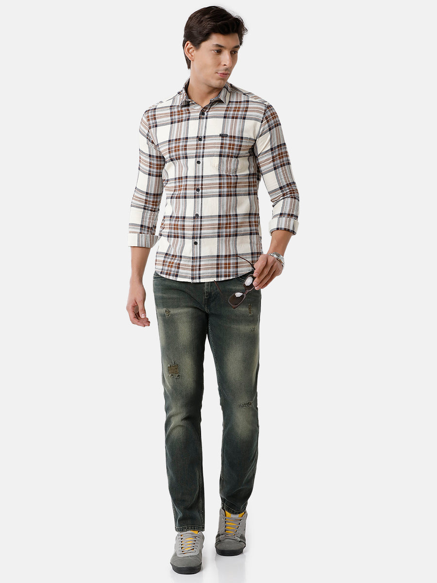 Men Off White Checked Slim Fit Casual Shirt