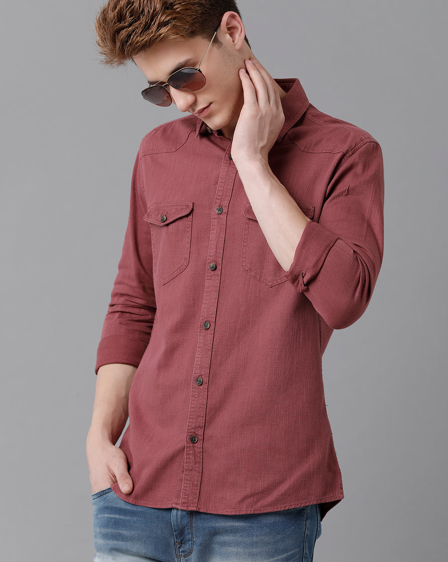 VOI Jeans Men's Solid Red Slim Fit Shirt