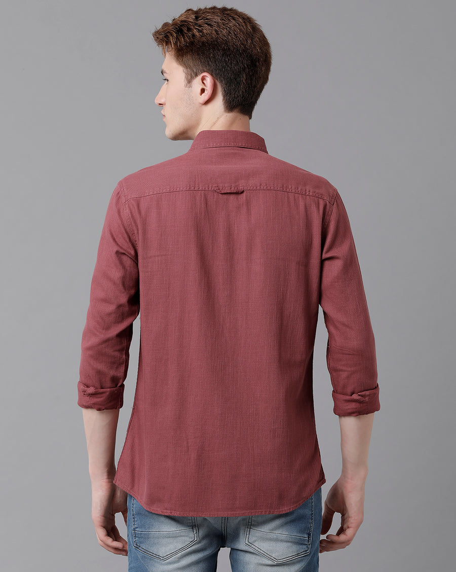 VOI Jeans Men's Solid Red Slim Fit Shirt