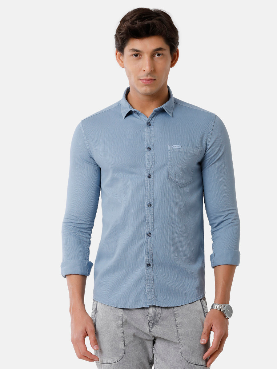 Men Blue Solid Dobby Casual Shirt