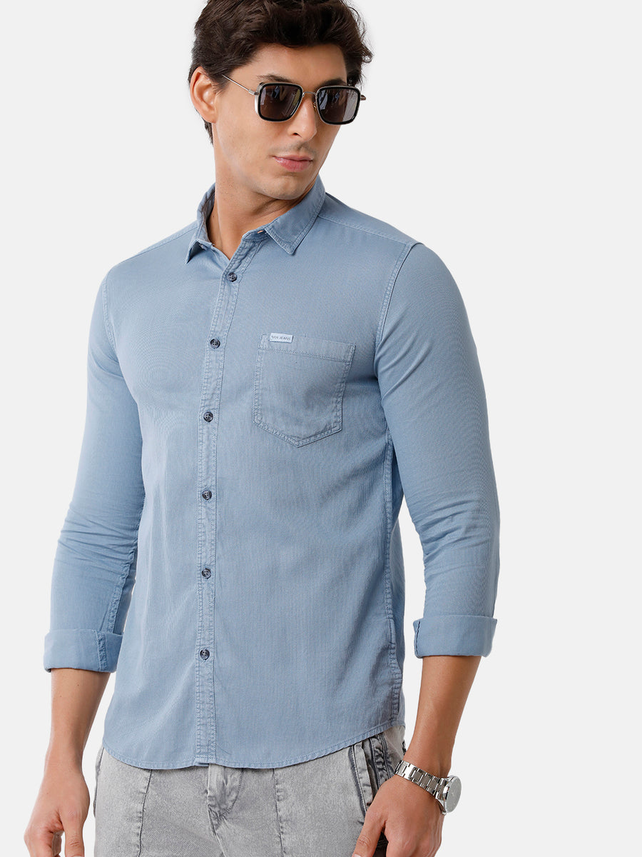 Men Blue Solid Dobby Casual Shirt