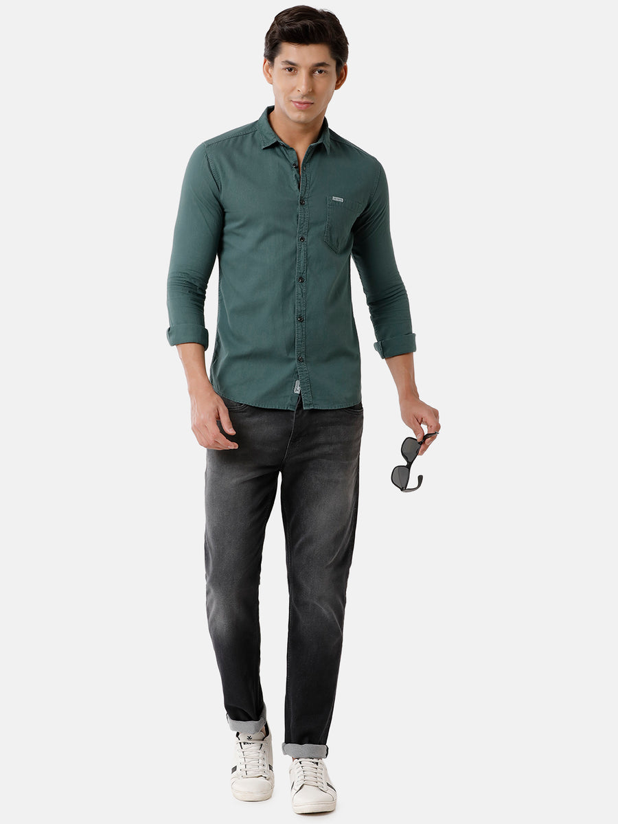Men Olive Solid Dobby Casual Shirt