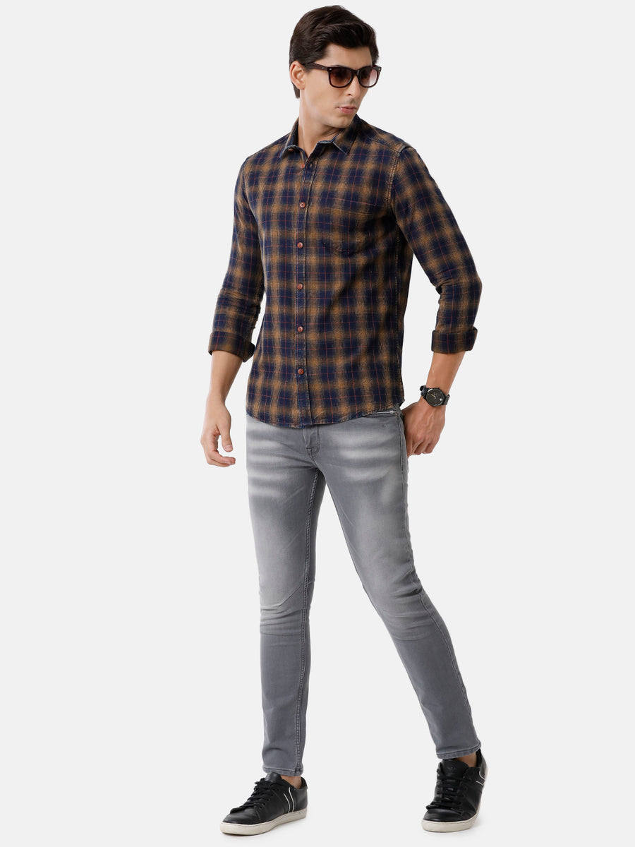 Men Indigo & Multi-Colored Slim Fit Checked Casual Shirt