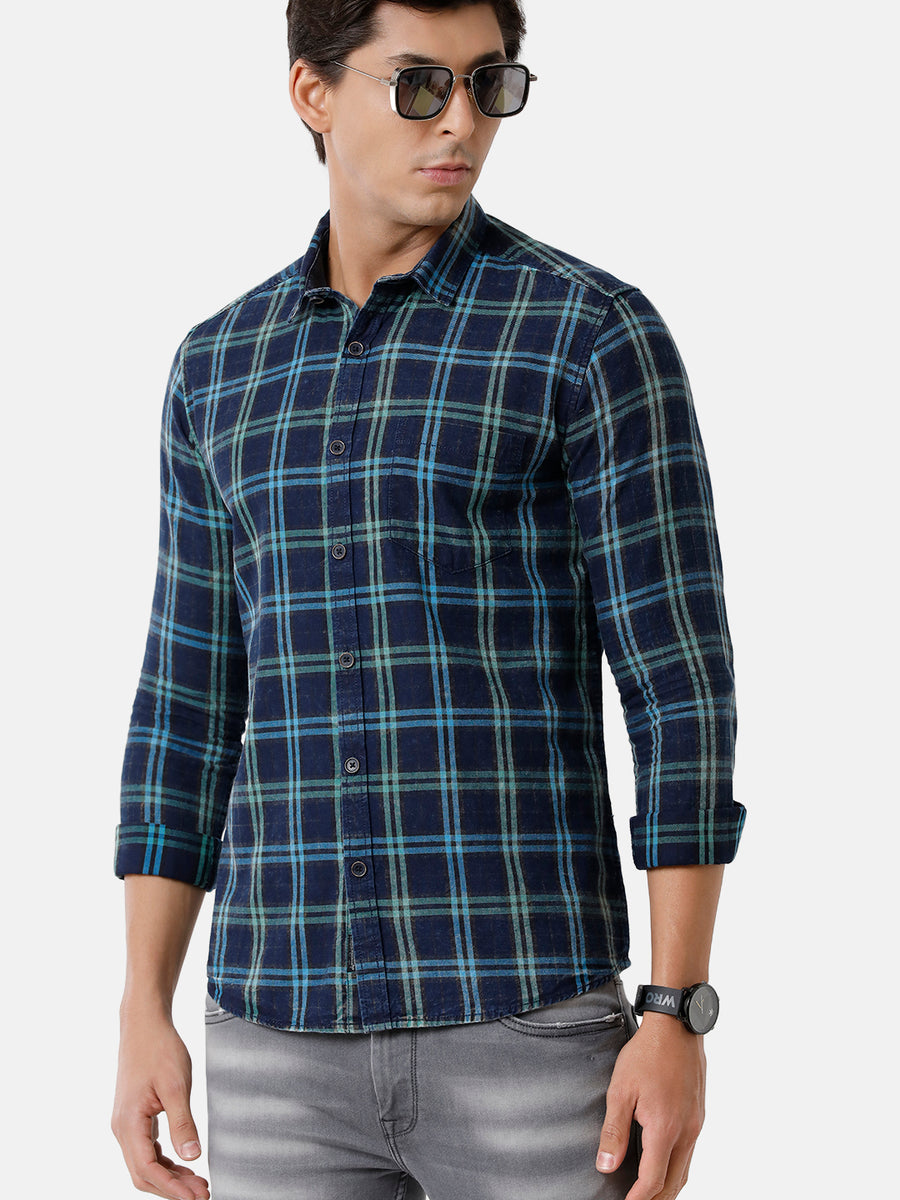 Men Indigo Blue Multi-Colored Checked Casual Shirt