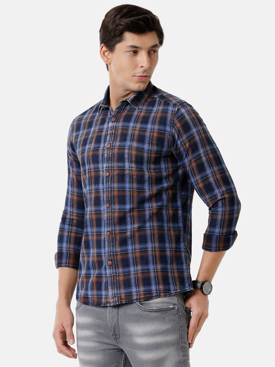 Men Indigo Blue Multi-Colored Checked Cotton Casual Shirt