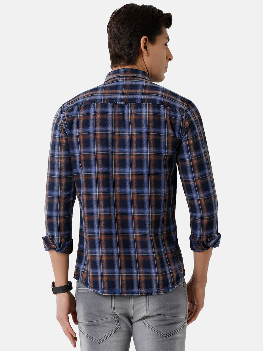 Men Indigo Blue Multi-Colored Checked Cotton Casual Shirt