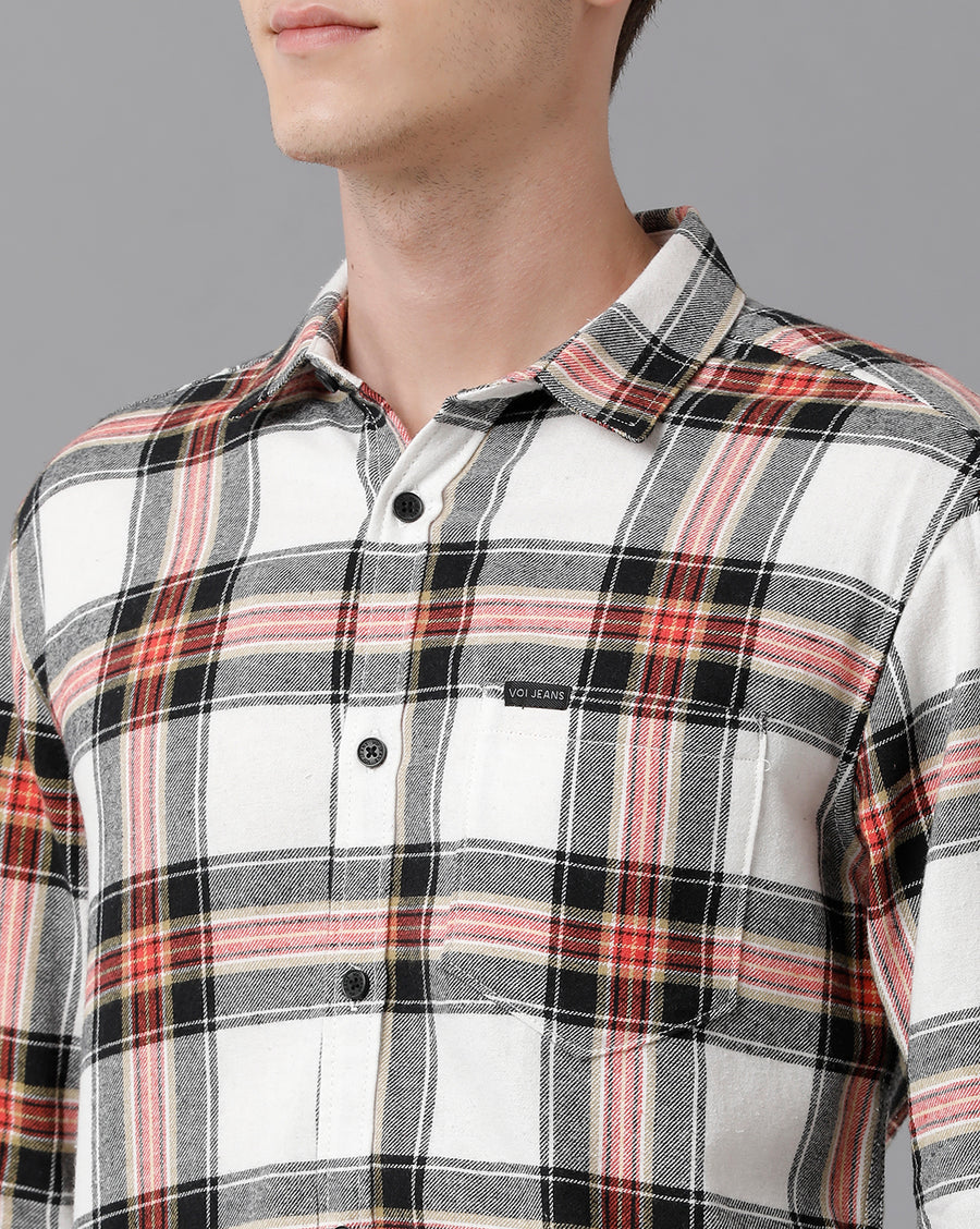 VOI Jeans Men's White Red Checked Slim Fit Shirt